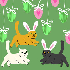 Obraz premium Vector illustration of Easter cats hunting for eggs
