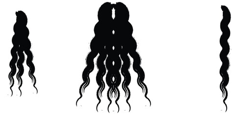 Collection of abstract black wavy silhouettes resembling curly hair strands or octopus tentacles isolated on white background © Aumi