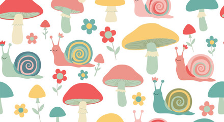 Cute snail and mushroom seamless pattern vector clipart for kids, nursery, and spring designs © azad
