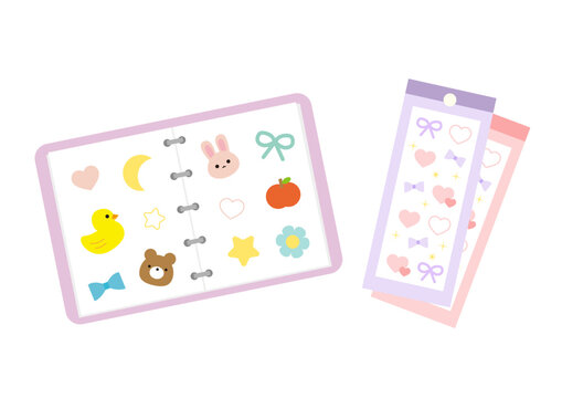 An open sticker book and stickers