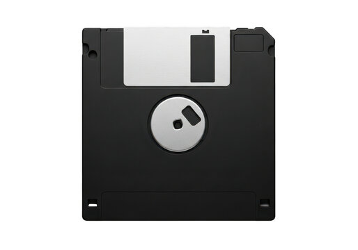 Old 3.5 inch floppy disk with metal slide isolated on transparent background