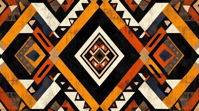 Meticulously crafted seamless pattern inspired by African Kente cloth and Ndebele painting traditions, featuring bold geometric forms including triangles, chevrons and concentric diamonds, vibrant