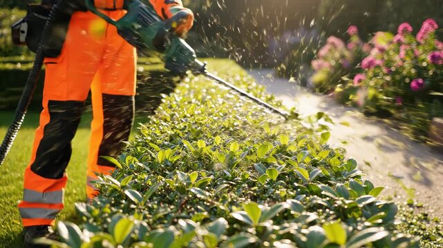 Person in orange uniform trimming green hedge with electric trimmer