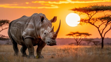 Fototapeta premium Majestic rhinoceros roams the serengeti savannah at sunset