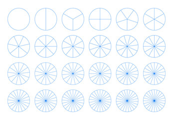 Segmented charts. Diagram wheel parts from 1 to 24. Pie chart templates set. Many number of sectors divide the circle on equal parts. Outline simple blue graphics. Pizza charts. Segments infographic.