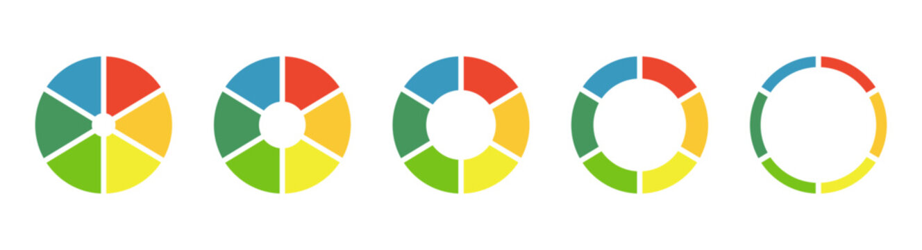 Donut charts, pies segmented on 6 equal parts. Wheels divided in six sections. Diagrams infographic multicoloured. Set of pie, pizza chart round icons layout. Circle section graph. Loading bar mockup.