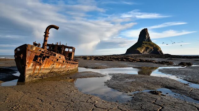 Rusty shipwreck on the beach with a rock formation and cloudy sky.