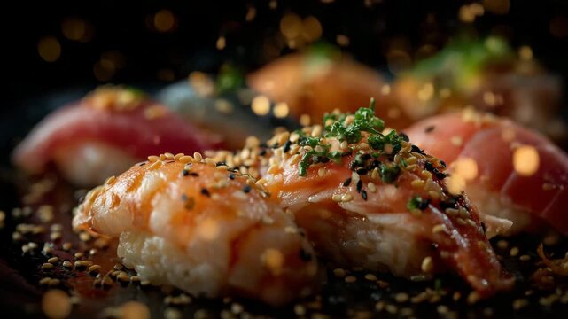 121Ultra-detailed studio food photograph of assorted sushi floating in zero gravity, translucent salmon, rich tuna, and pearly shrimp nigiri showcased with precision, sesame seeds sus