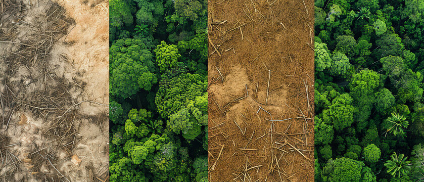 Aerial comparison of lush rainforest, deforested land with logging activity, and untouched forest highlighting environmental destruction and forest loss.