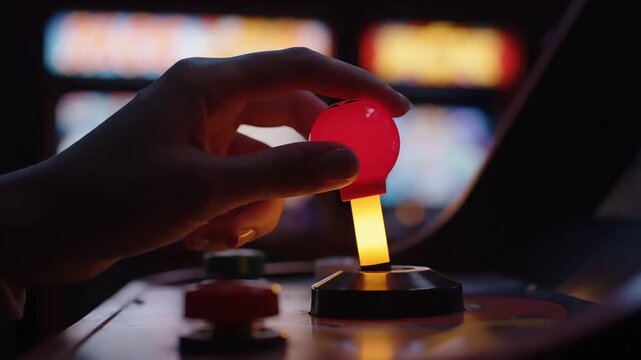 Close up shot of a hand gripping the glowing red joystick controller of an arcade game.