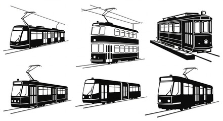 Collection of vintage and modern tram illustrations on tracks. © Boti