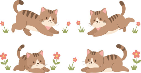 Fototapeta premium Cute Cat Cartoon Character Illustration Set with Playful and Relaxing Poses, Adorable Kitten Mascots, Floral Elements, and Friendly Flat Vector Design
