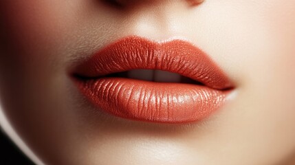 Fototapeta premium Close-Up of Soft and Smooth Lips with Warm Orange Lip Color Highlighting Natural Beauty and Elegance, Perfect for Cosmetic, Fashion, or Beauty Themes