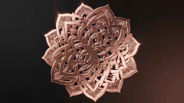 Intricate copper mandala design with layered floral pattern on gradient dark background viewed from directly above