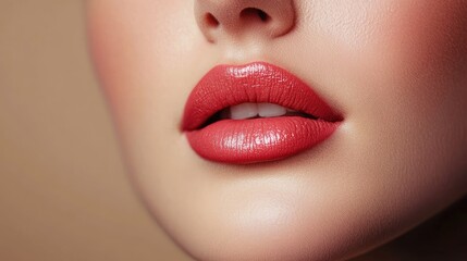Naklejka premium Close-Up of Beautiful Woman's Lips with Glossy Red Lipstick Showcasing Smooth Skin and Perfectly Defined Shape on a Neutral Background