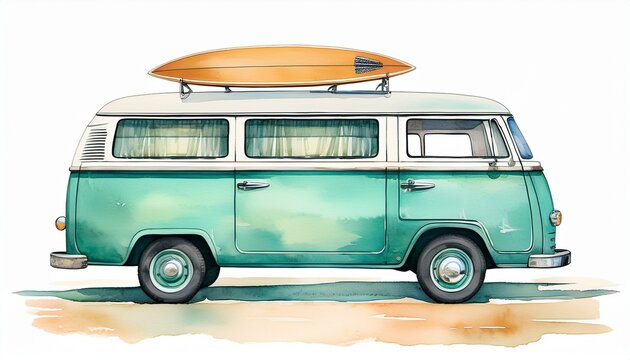 watercolor vintage mint green camper van with surfboard ideal for beach travel and summer adventure designs