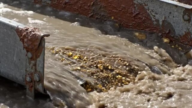 Muddy water flowing through a metal sluice box during gold ore processing - Industrial mining and resource extraction footage.