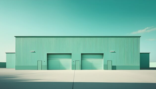 a pastel mint green warehouse stands out with its minimalist design featuring large doors and clean facade serene color and simple lines evoke sense of calm and modernity