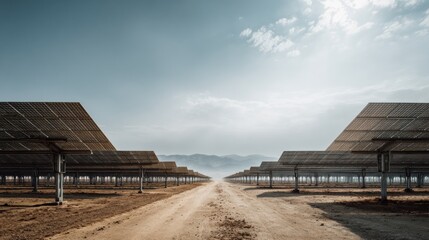 Twilight solar panels casting long shadows, dramatic cloudstreaked sky and low sun highlight module surfaces, quiet industrial landscape evokes investment potential and climatefocused asset value