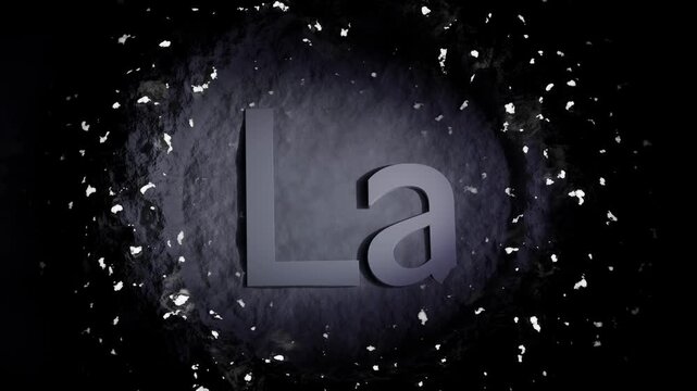 Abstract 3D animation of chemical element symbols carved in dark stone surface with floating particles. Minimal cinematic motion background inspired by periodic table elements, La.