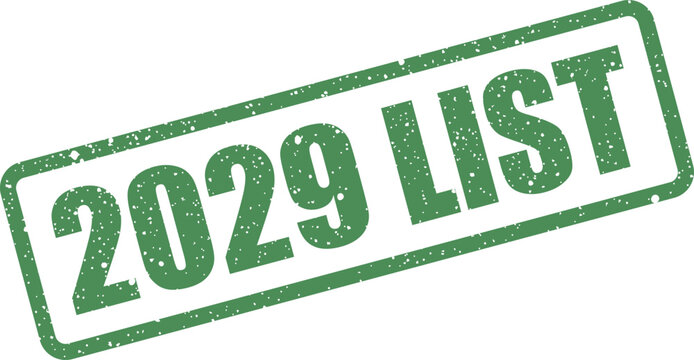 Distressed green rectangular rubber stamp marking the year 2029 with the important word LIST for future tasks