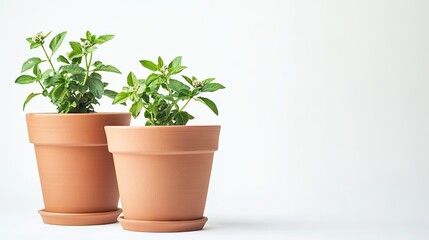 Fototapeta premium Two Terracotta Plant Pots with Fresh Green Plants Against a Simple White Background Ideal for Home Decor, Gardening, or Lifestyle Concepts