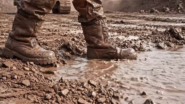 Construction Worker's Boots Splashing in Deep Mud Puddle on Industrial Site - Hard Labor Concept.