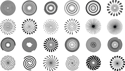 Abstract circular pattern collection featuring 25 unique black and white geometric designs with spirals, concentric circles, radial lines, and optical illusion inspired artwork.