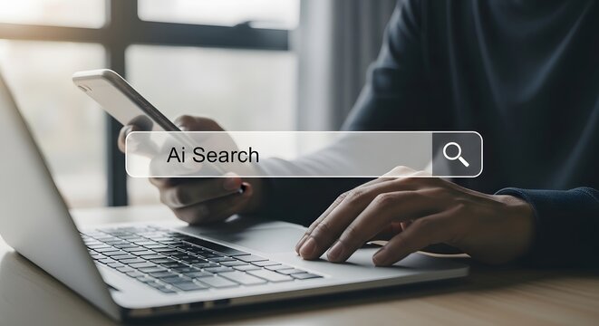 Person searching on laptop with ai search bar and smartphone nearby