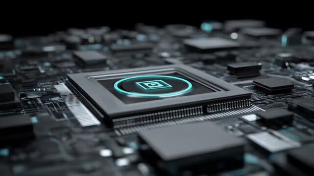 Abstract close up of circuit board with glowing icon and technology elements