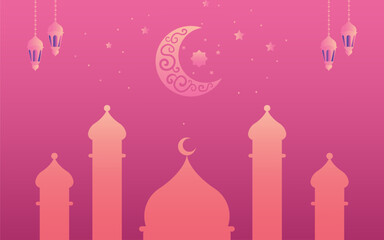 Fototapeta premium A professional Ramadan Kareem greeting banner featuring elegant white calligraphy on a vibrant pink and purple gradient background.