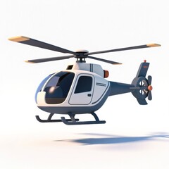 A modern helicopter in flight against a white background.