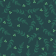 Seamless silhouette pattern of leaves and flowers. Simple leaves on a green background. Suitable for printing, paper, design, fabric, decor, gift wrapping, wallpaper, and advertising. Vector illustrat