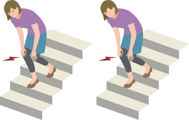 階段を降りる時、膝が痛むシニア女性のイラスト