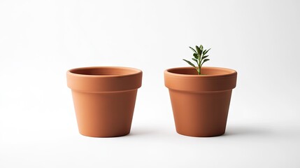 Fototapeta premium Minimalist Terracotta Flower Pots with Green Plant Against White Background, Ideal for Home Decoration and Indoor Gardening, Natural Aesthetic