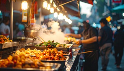 Vibrant street food stall in Asia with delicious dishes.