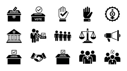 A collection of black and white icons related to voting and government