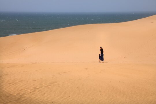 Taboga Dunes desert landscape near Agadir, Morocco. Sand desert and Atlantic Ocean.