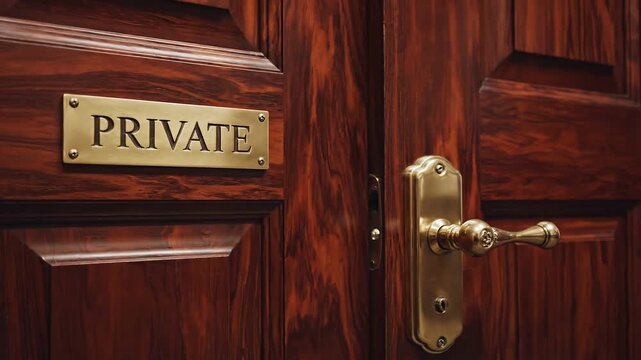 Criminal Law Restrictions concept. Partially open wooden door with a "Private" sign and decorative brass handle.