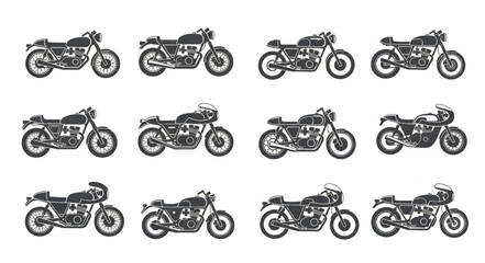 Collection of Vintage Motorcycle Illustrations in a Grid Layout. © Solar