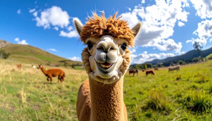 Fototapeta premium Close up portrait of smiling brown alpaca with fluffy fur standing in green mountain pasture under blue sky
