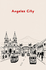 Angeles City, Philippines Pen Line Art Illustration of City Landmark and Travel Scene