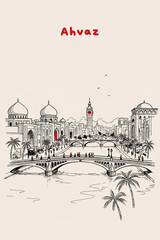 Obraz premium Ahvāz, Iran Pen Line Art Illustration of City Landmark and Travel Scene