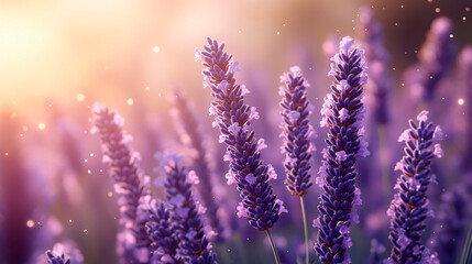 Lavender in bloom under soft light, cozy atmosphere of a flowering field at dawn