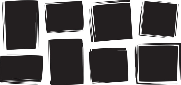 Vector set of black hand-painted grunge frames, collection of rough brush stroke borders and distressed texture shapes for artistic design.
