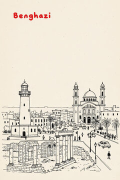 Benghazi, Libya Pen Line Art Illustration of City Landmark and Travel Scene