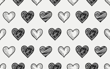 A black and white image of many hearts