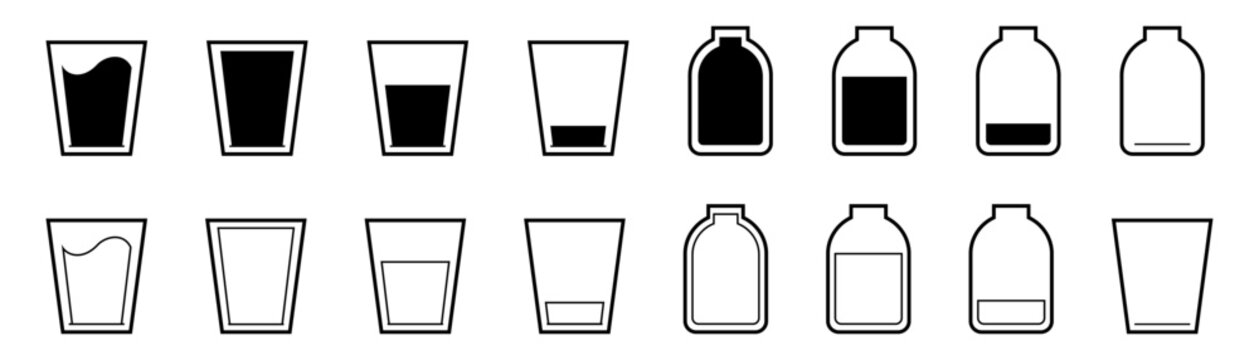 Water in a glass cup. Water in bottle. Amount of water.