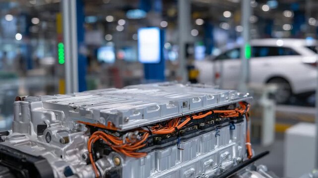 High-detail view of lithium-ion battery pack for electric car, orange and black high-voltage wiring, metallic surfaces with reflections, EV component and power system emphasis