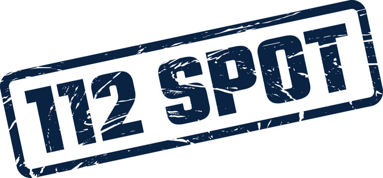 Distressed rectangular rubber stamp showing the number 112 and the word SPOT, used for specific locations